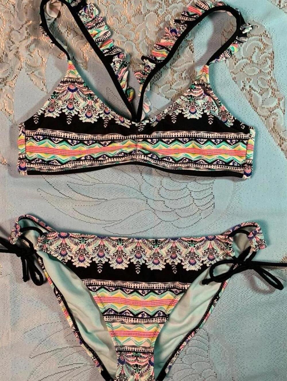 Raisins Boho Ruffle Tribal Bikini Set Festival Geometric Swimsuit Two Piece